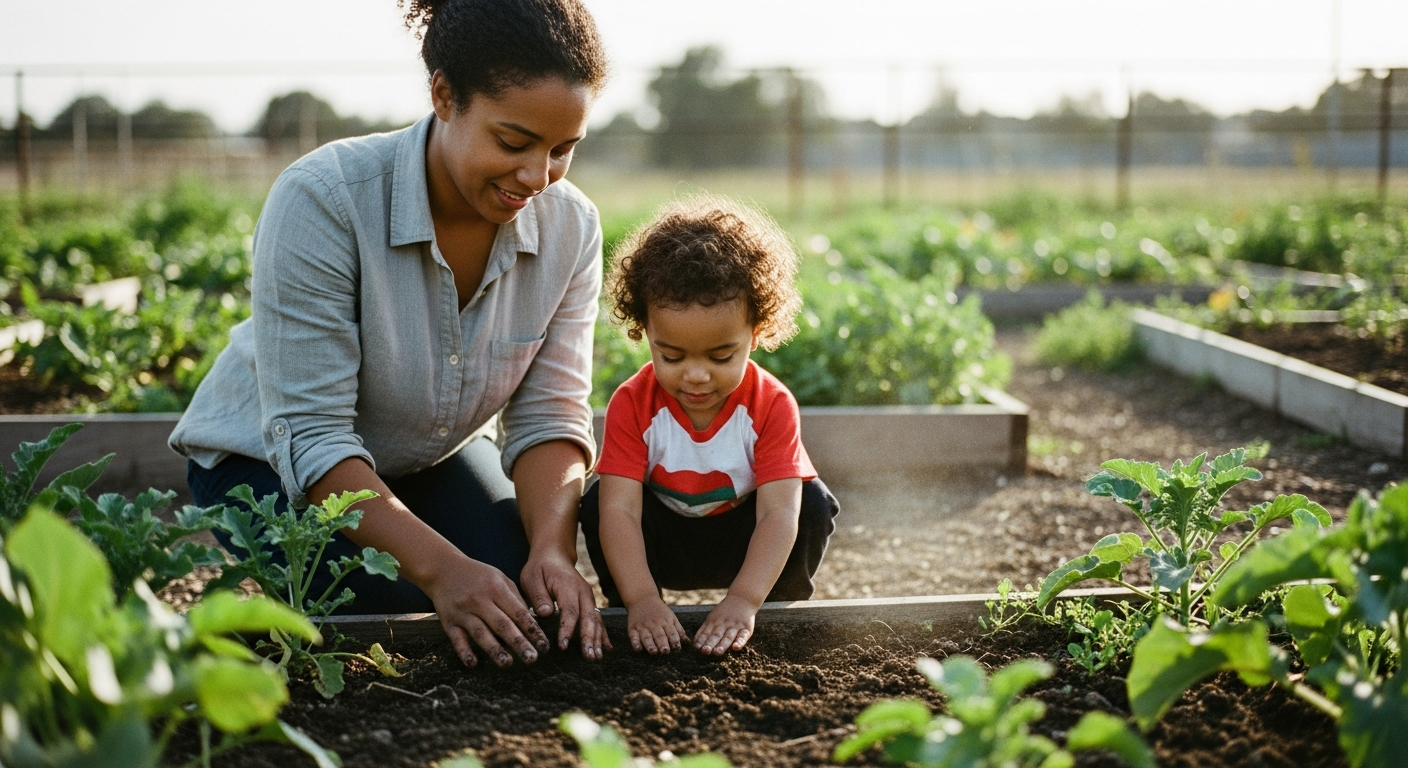 A mother and child tending a community garden together
